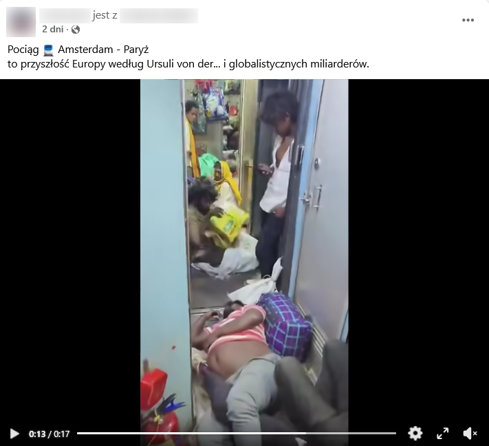Zrzut ekranu wpisu z Facebooka. Na górze podpis, na dole klatka z filmu przedstawiająca ciemnoskórego mężczyznę leżącego na podłodze pociągu
