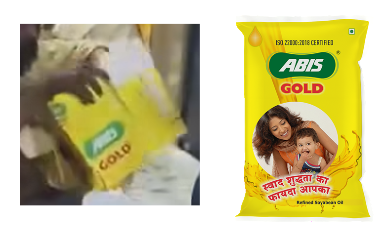 Grafika porównująca fragment klatki z filmu ze zdjęciem opakowania oleju sojowego Abis Gold