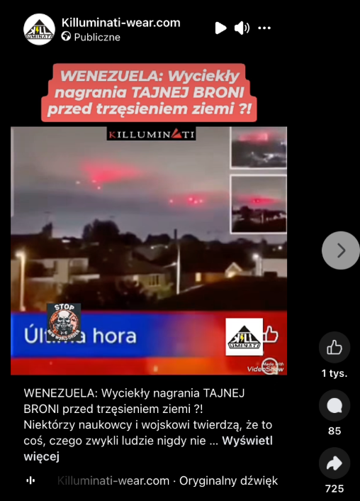 Zrzut ekranu z platformy Facebook, na której rzekomo znajdują się dowody na istnienie HAARP. 