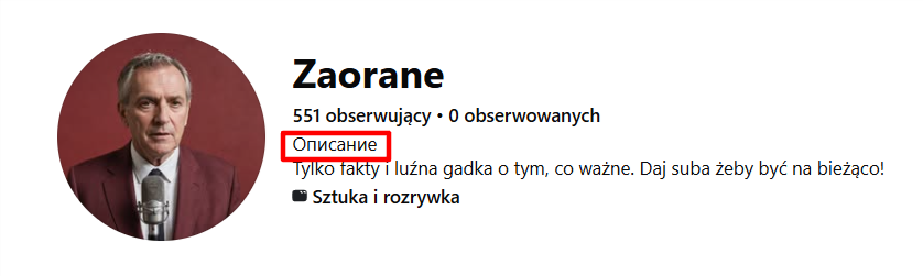 screenshot nazwy wyświetlającej się na stronie głównej profilu. Pod nazwą i informacją o liczbie obserwujących napis w cyrylicy.