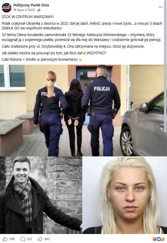 Wpis na Facebooku informujący o rzekomym morderstwie Polaka dokonanym przez Ukrainkę