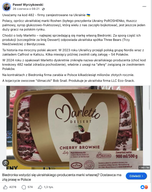 Wpis na profilu Pawła Wyrzykowskiego z dołączonym zrzutem ekranu artykułu o lodach Marletto. Na okładce widać opakowanie produktu.