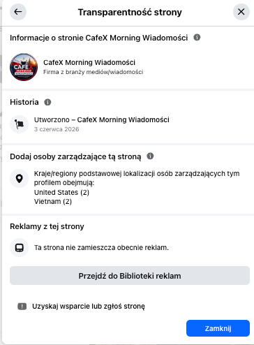  Zakładka transparentość profilu na Facebooku z informacją o tym, że konto prowadzone jest m.in. z Wietnamu 