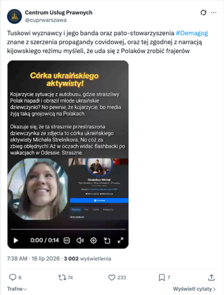 Wpis Centrum Usług Prawnych na X’ie z grafiką, pokazującą zmanipulowaną z użyciem AI grafikę ukraińskiej nastolatki z autobusu zestawionej z profilem Michała Strelnikova na Facebooku