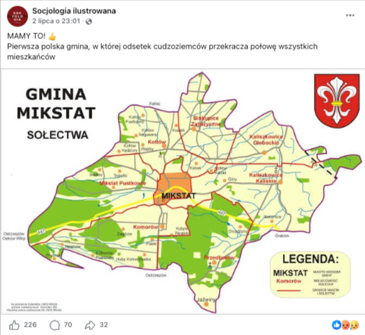 Wpis na Facebooku z mapą gminy Mikstat z podpisem, że mieszka w niej więcej cudzoziemców niż Polaków