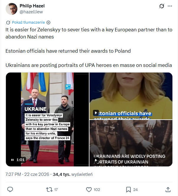 Zrzut ekranu z platformy X, gdzie pojawiają się sfabrykowane materiały i nieprawdziwe informacje. 