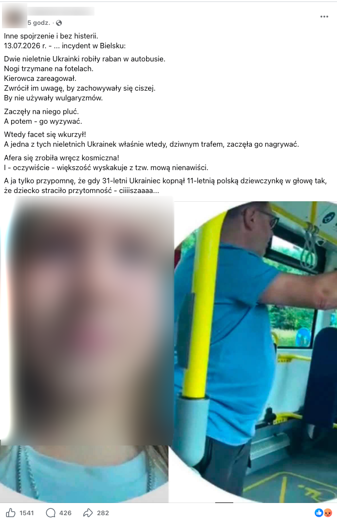 Wpis na Facebooku z fragmentami nagrania zachowania mężczyzny z autobusu wraz ze spekulacjami na temat prowokacji nastolatek