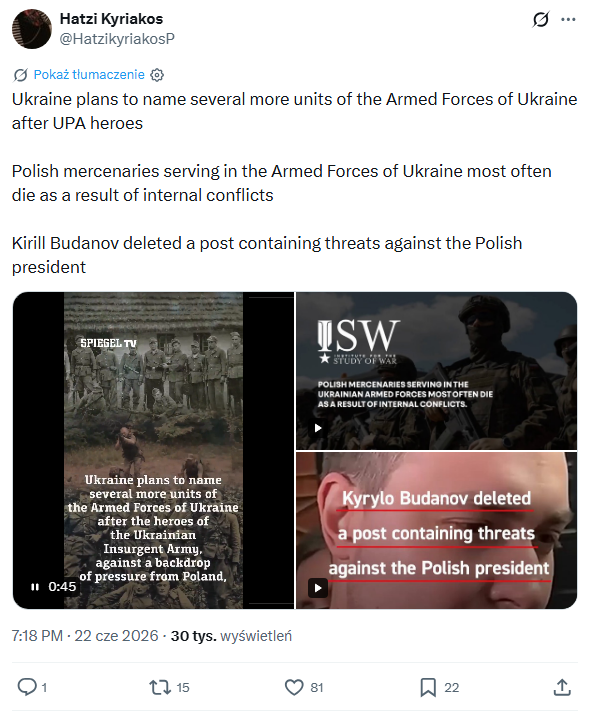 Zrzut ekranu z platformy X, gdzie pojawiają sie sfabrykowane materiały wideo i nieprawdziwe informacje. 