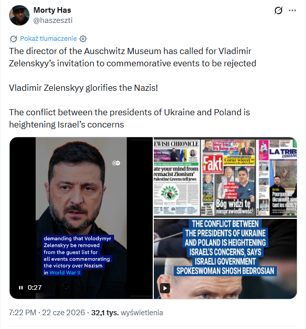 Zrzut ekranu z platformy X, gdzie pojawia się treść dotycząca rzekomego wezwania dyrektora Muzeum Auschwitz-Birkenau Piotr Cywiński. Każde z dodanych materiałów jest zmanipulowane.