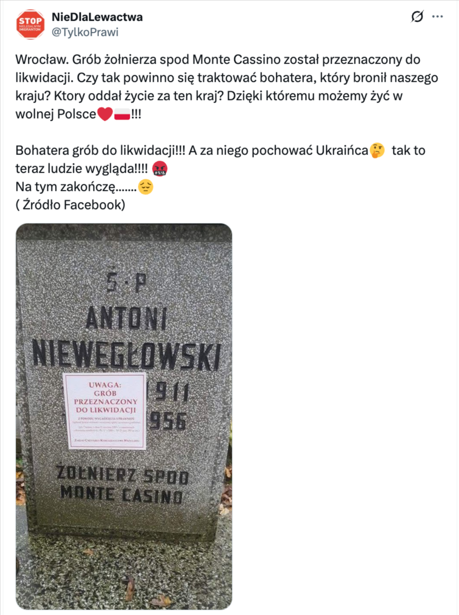 Wpis na X'ie ze zdjęciem grobu przeznaczonego do likwidacji