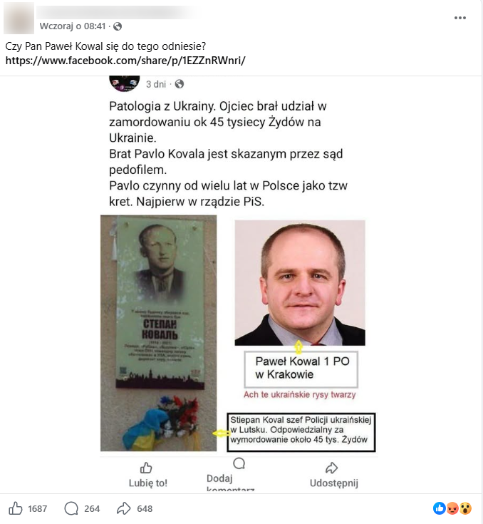 Zrzut ekranu z platformy Facebook, gdzie pojawia się fałszywa informacja o ojcu Pawła Kowala, zdjęcie posła oraz tablica upamiętniająca Ukraińca Pavlo Kovala. 