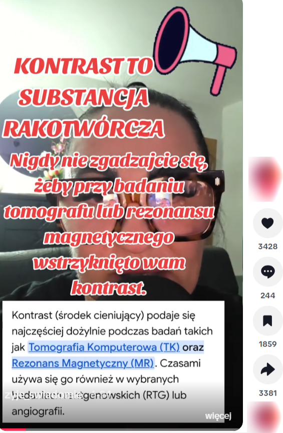 Zrzut ekranu z&nbsp;platformy TikTok, gdzie pojawiają się fałszywe informacje dotyczące kontrastu podawanego podczas m.in. tomografii.