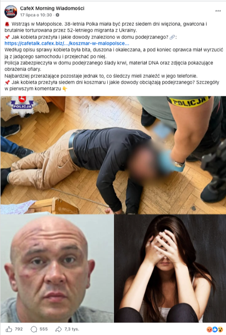 Wpis na Facebooku opisujący sprawę porwania kobiety w Małopolsce
