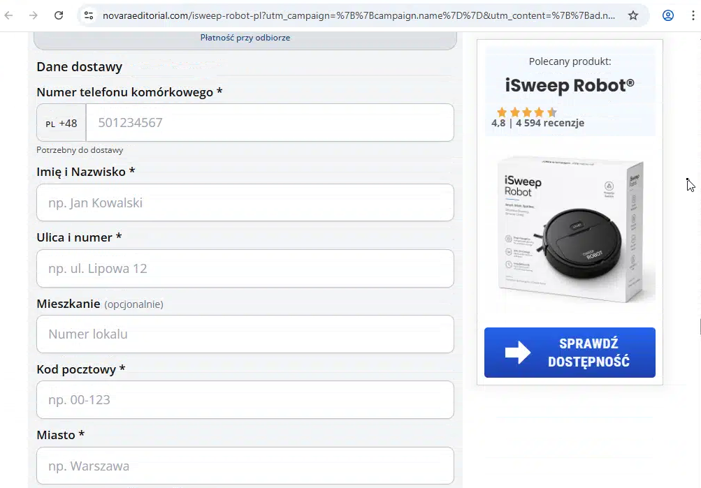 rzut ekranu z platformy Browserling, gdzie pojawia się formularz do wypełnienia danych kontaktowych rzekomo jako dane do dostawy produktu. 