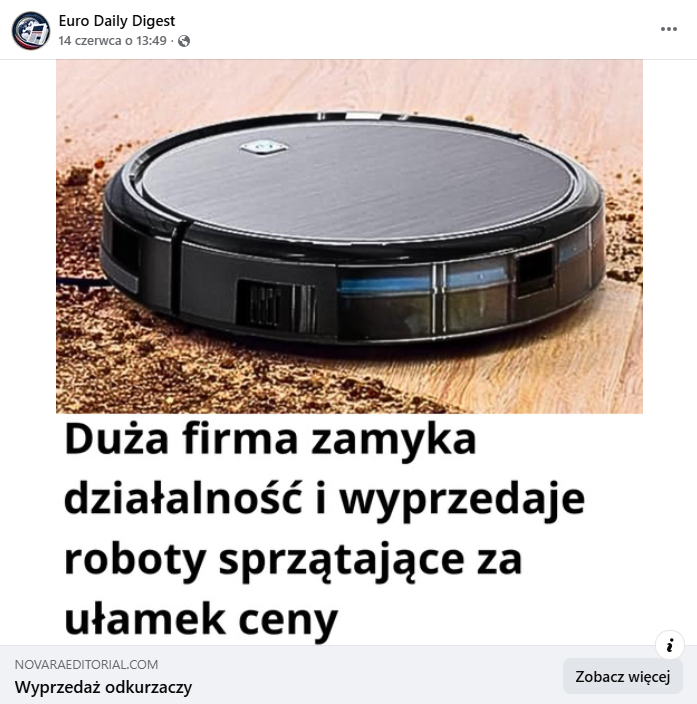 Zrzut ekranu z platformy Facebook, gdzie pojawia się reklama bezprzewodowego odkurzacza. 